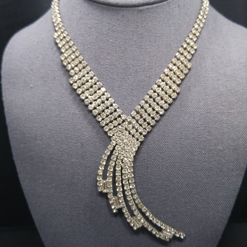 Vintage 1950s Rhinestone Statement Necklace, 5 Strand Fringe Drop Bridal Jewelry